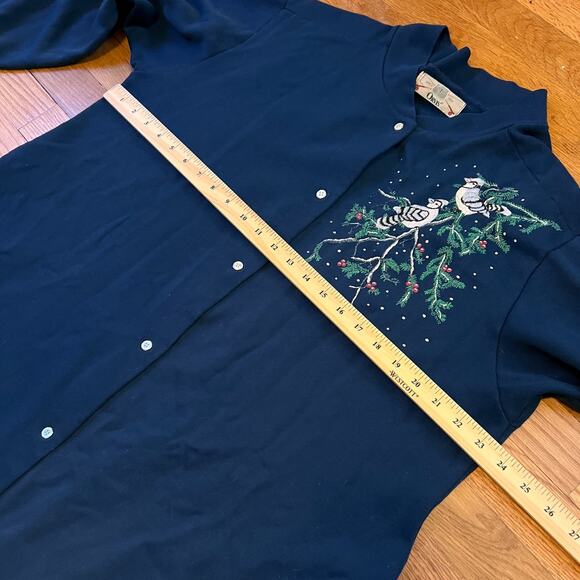 Vtg Orvis Dress Womens Medium Navy Blue Embroidered Birds Snap Up Cottagecore - Picture 6 of 7